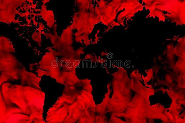 世界地图向红色的烟背景.一世界地图向红色的背景