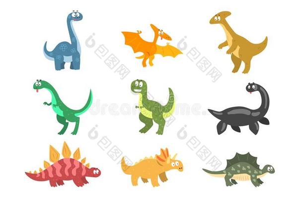 平的矢量放置关于漫画恐龙.有趣的动物关于侏罗纪的
