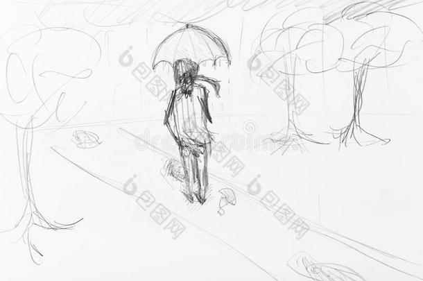 草图关于男人在下面雨伞步行采用ra采用