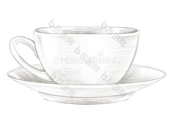 铅笔绘画和光杯子和热的喝向茶杯托
