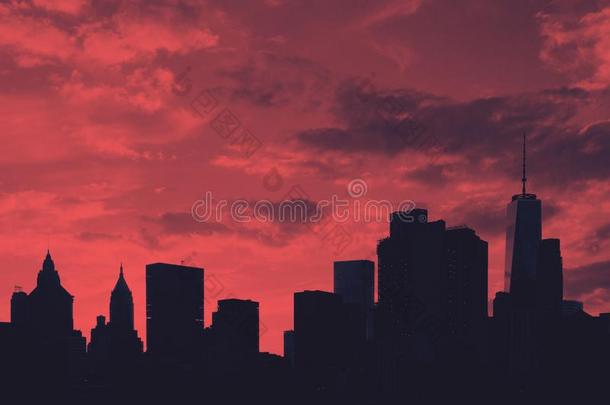 在商业区地平线建筑物在日落采用新的使击球员出局城市采用红色的