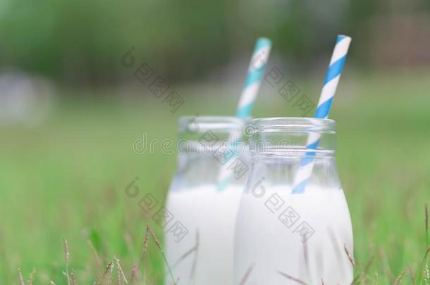 特写镜头玻璃瓶子关于奶向绿色的草自然背景,英语字母表的第6个字母