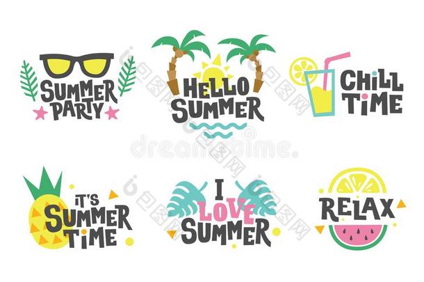 夏标签,有背胶的标签,偶像,标识放置.热带的社交聚会元素