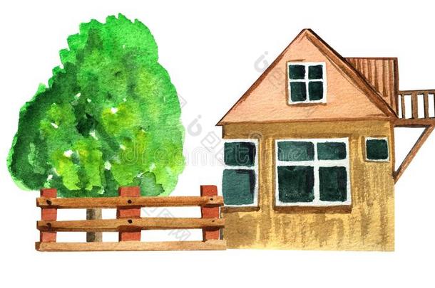棕色的国家房屋和栅栏和木材.水彩说明