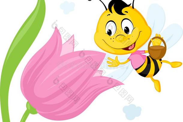 蜜蜂收集蜂蜜从一郁金香-矢量Illustr一tion