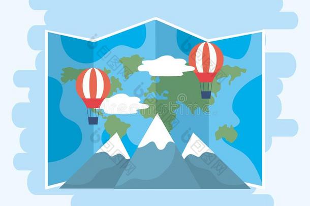 全球的地图和天空气球和下雪的山