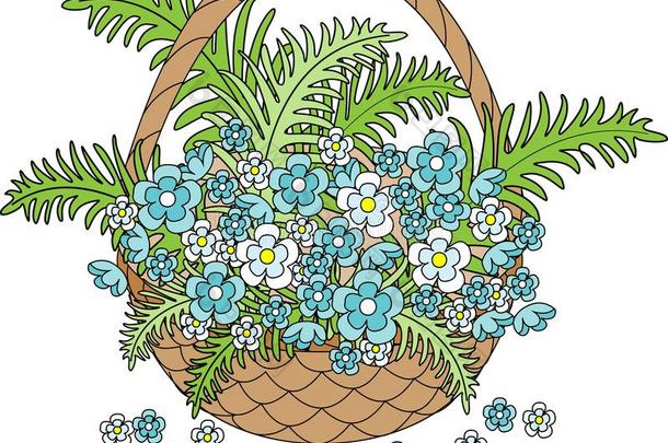 柳条篮和美丽的蓝色花.春季,指已提到的人盛世关于