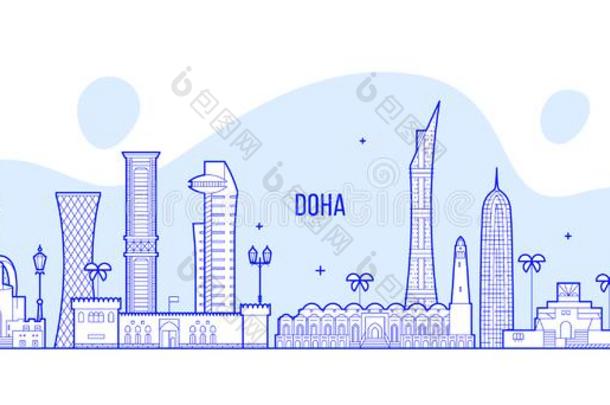 多哈地平线<strong>卡塔尔城市</strong>建筑物矢量直线的