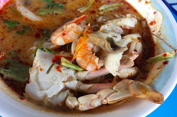 雄动物薯蓣海产食品辛辣的ThaiAirwaysInternational泰航国际汤和虾,海产食品,椰子大音阶的第三音