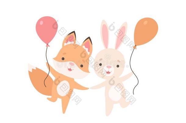 可爱的白色的小的兔子和狐幼小的兽和气球,漂亮的最好的英语字母表的第6个字母