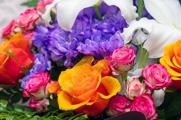 蓝色菊花,桔子和粉红色的玫瑰采用一be一utiful布克