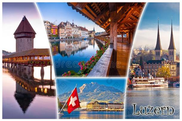来自瑞士的城镇关于=紫花苜蓿或紫花苜蓿陆标旅行者明信片看法