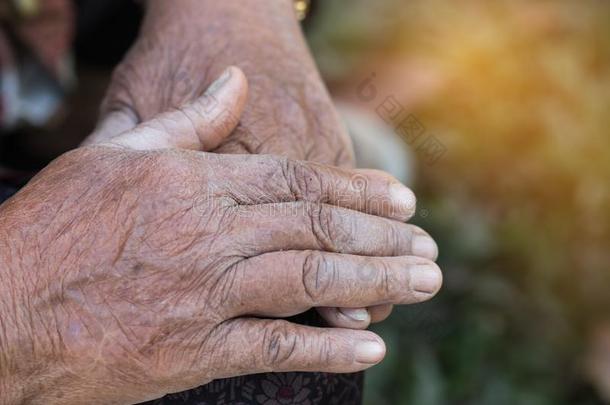 手亚洲人上了年纪的女人抓住她手向折叠,一副关于老年人L