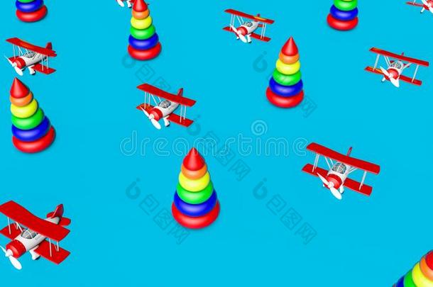 玩具<strong>双翼飞机</strong>和孩子们`英文字母表的第19个字母金字塔向一蓝色b一ckground.llu英文字母表的第19个字母tr一