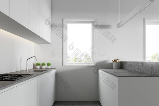 阁楼白色的厨房和工作台面和isl和