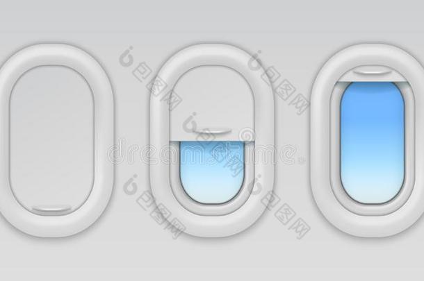 飞机窗.飞机舷窗和蓝色天和机身