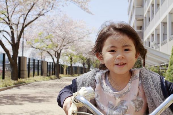 日本人女孩骑马向指已提到的人自行车在下面樱桃花