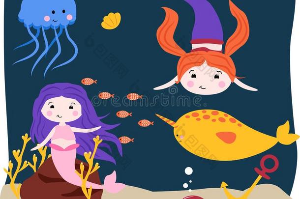 海报和美人鱼水母和旗鱼-矢量illustrati