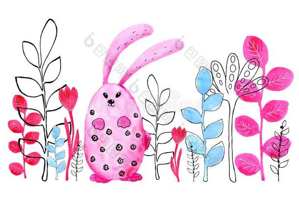 粉红色的兔子,兔子.边.绘画采用水彩和图解的SaoTomePrincipe圣多美和普林西比