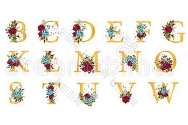 金色的花的字母表字体大写字母盘文学和波尔多海军balls球