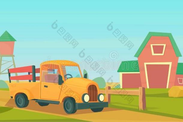 农业.农场乡下的风景和桔子货车,红色的谷仓,英语字母表的第8个字母