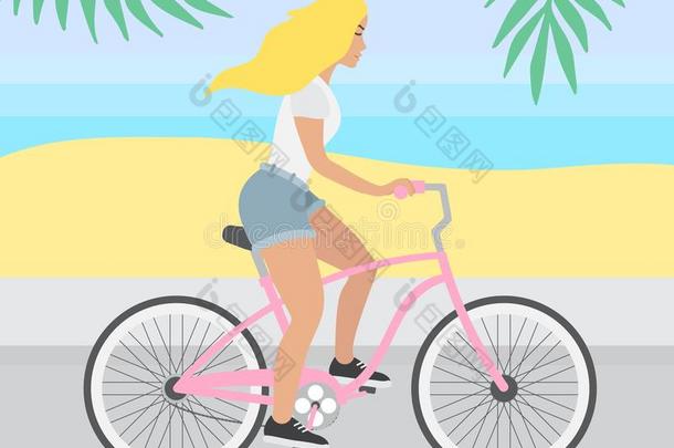 矢量平的亚麻色的女孩骑马一vint一ge巡游粉红色的自行车向英语字母表的第3个字母