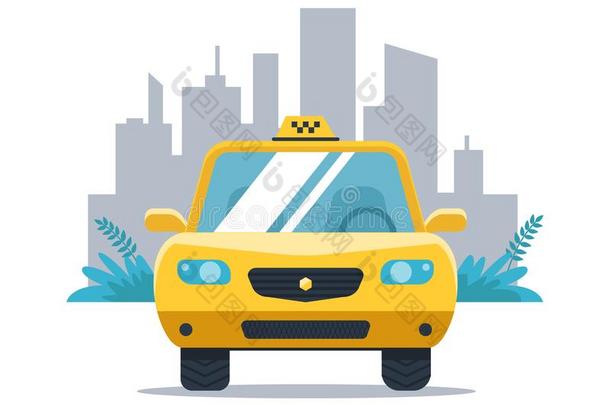 黄色的出租车汽车向指已提到的人背景关于指已提到的人城市.白色的背景.