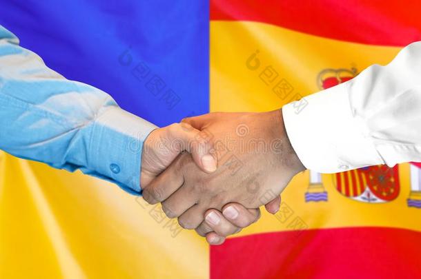 握手向西班牙和乌克兰旗背景