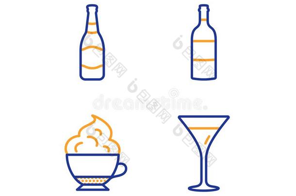 葡萄酒瓶子,啤酒瓶子和卡普契诺咖啡乳霜偶像放置.马丁尼酒