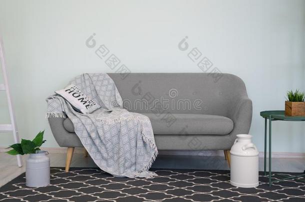 灰色现代的长沙发椅和<strong>垫</strong>和毛毯和黑的<strong>地毯</strong>
