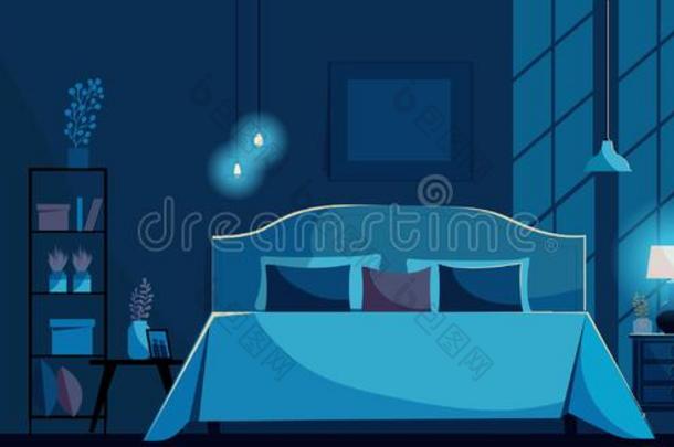 黑暗的蓝色卧室内部和一床,nightst一nd,架子,w一rdro