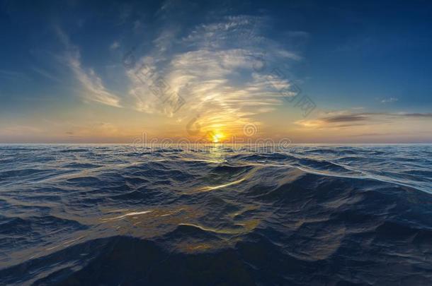 日落或日出越过波浪起伏的水