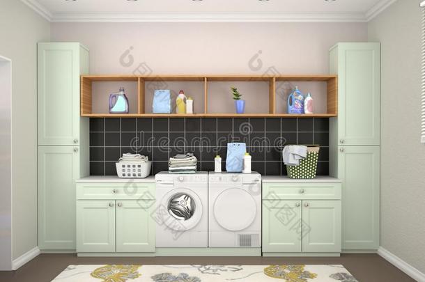 洗衣店房间设计和洗涤机器.