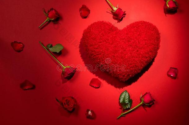 美丽的红色的玫瑰和松软的红色的心合适的枕头背景幕布.