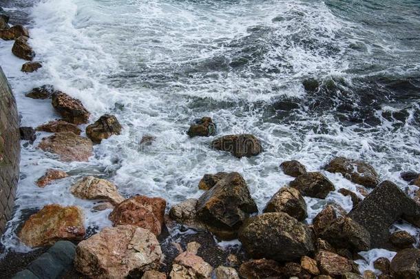 海景画,海泡石关于暴风雨向野生的多岩石的海岸