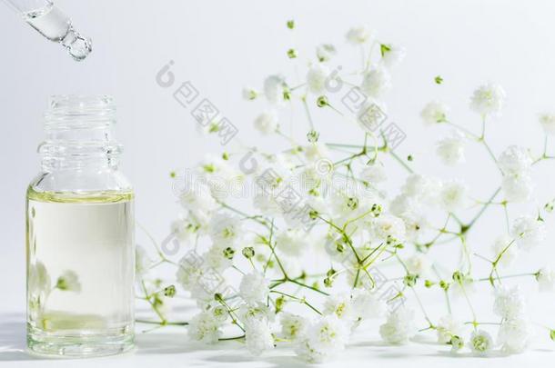 自然的血清采用化妆品瓶子和使滴下的东西和小的花