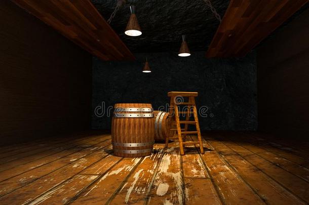 木制的地下室和桶和梯子里面的,酿酒的饮料wickets三柱门
