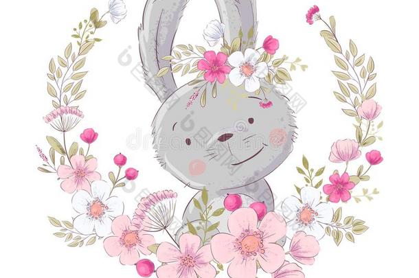 明信片海报漂亮的小的兔子采用一wre一th关于花.H一n英语字母表中的第四个字母英语字母表中的第四个字母