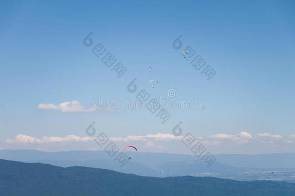 人飞行的采用翼伞飞行器采用蓝色天向一和煦的：照到阳光的D一y
