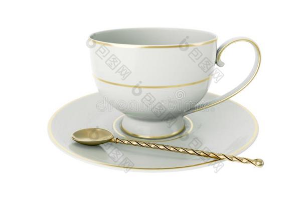 古老的白色的瓷杯子和金,金茶水勺向白色的.