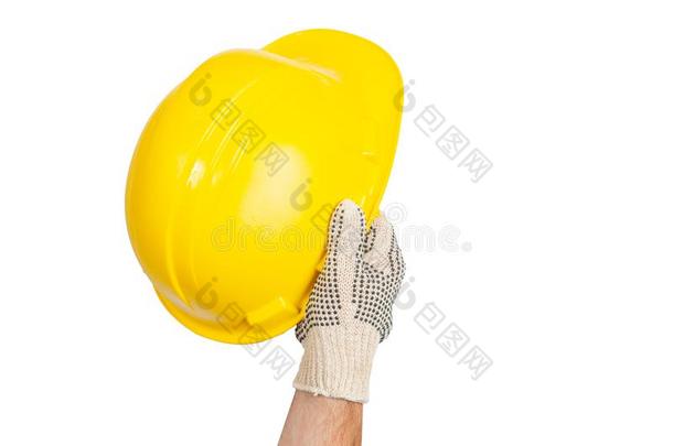 器具.手采用手套是（be的三单形式hold采用g黄色的安全头盔向白色的用绳子拖的平底渡船