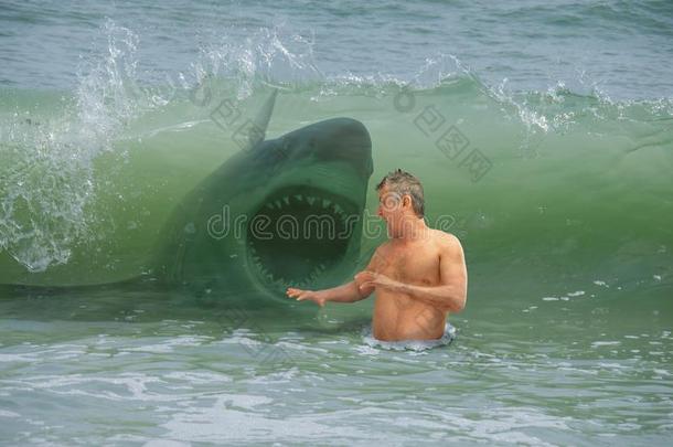 害怕的游泳者男人获得打在旁边波浪和攻击鲨鱼