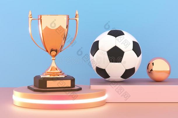 金色的纪念品杯子和足球球向指已提到的人表演台.获胜的人杯子和