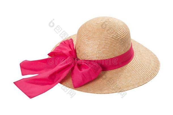 漂亮的稻草<strong>帽子</strong>和带和弓向白色的背景.海滩