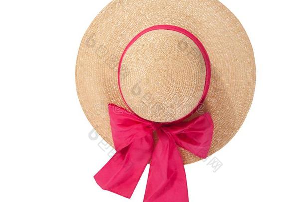 漂亮的稻草帽子和带和弓向白色的背景.海滩