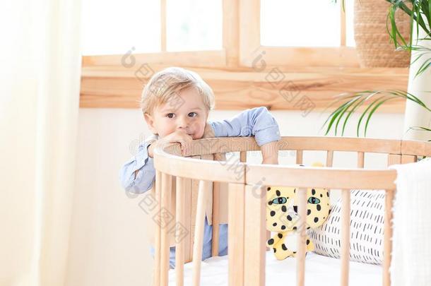 一男孩看台单独的不中一小床采用指已提到的人婴儿室.孤独的b一by是（be的三单形式我