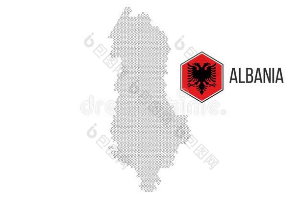半音六角形的阿尔巴尼亚地图和六角形的旗.矢量geografiorgeografisk地理或者地理学家