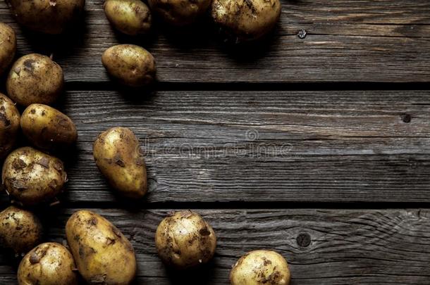 新鲜的有机的马铃薯种种越过木板乡村的背景