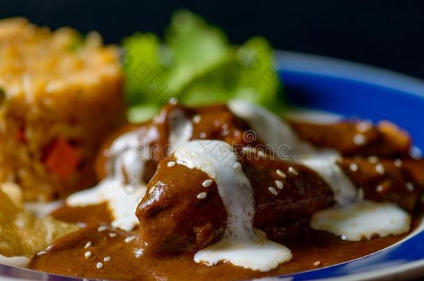 <strong>鼹鼠</strong>钟形青椒调味汁和鸡和墨西哥人稻