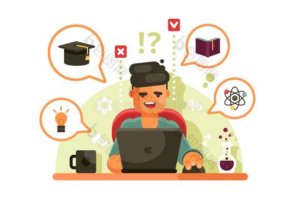 男人学习和便携式电脑.在线的教育观念